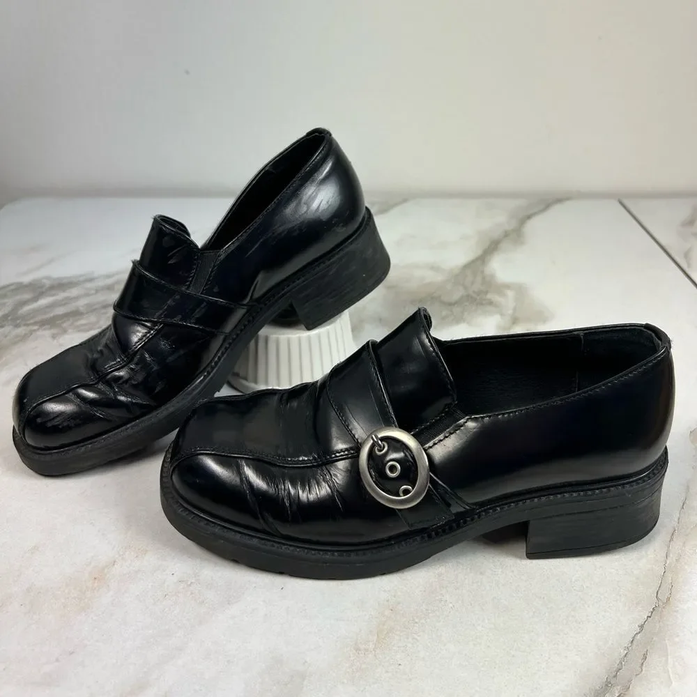 Made in Italy Y2K Black Leather Square Toe Chunky Heel Slip On Loafers, Sz 2.5-3